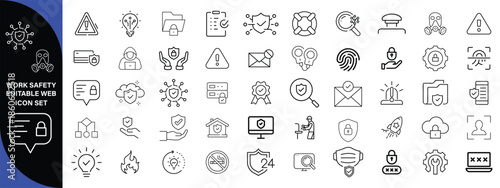 Work Safety editable stroke outline web icons set. Safety first, hazard, protection, health, insurance, regulations, helmet and work. Vector illustration  design . big icon set 