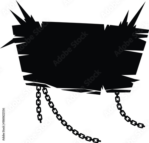 A black and white illustration of a torn paper with chains hanging from it