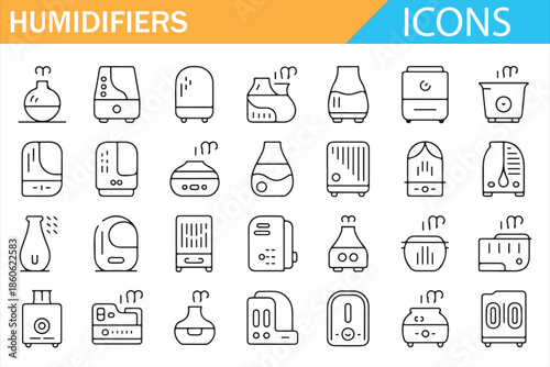 Humidifiers Line Icons Set with Home, Office and Portable Air Moisturizer Devices in Minimal Outline Style for Climate Control and Health Concepts