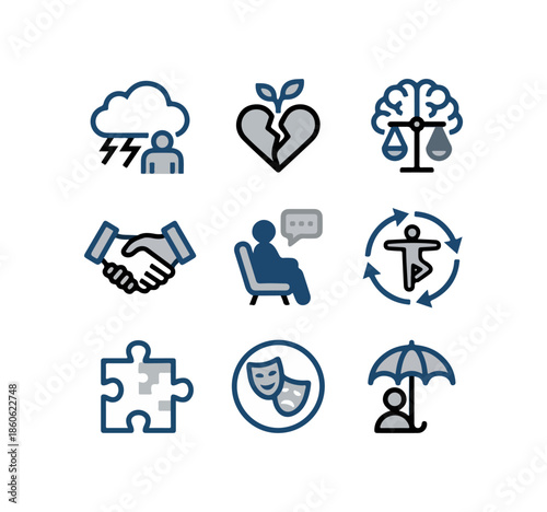 Mental health and well being icons illustrations of emotional states and support