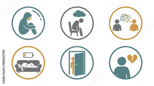 Mental health icons depicting emotional distress and psychological conditions