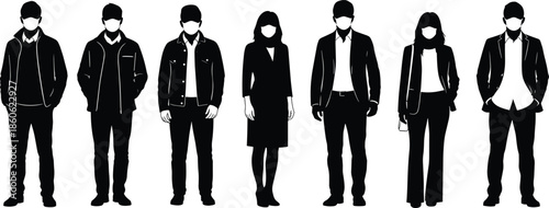 People wearing face masks silhouette, social distancing concept, coronavirus pandemic safety illustration, business team protection icon, black white vector