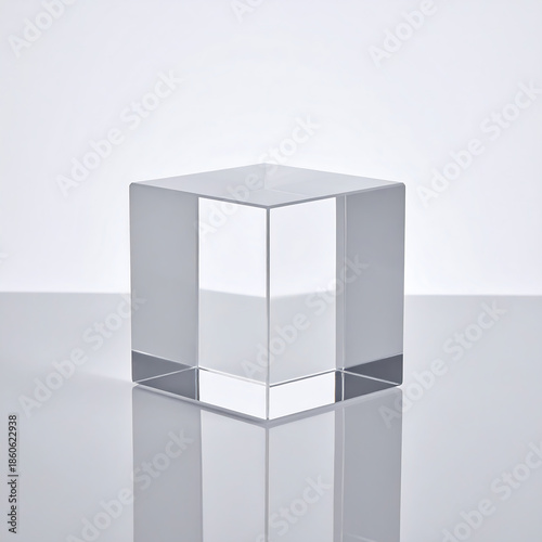 Minimalist Clear Acrylic Cube Pedestal on Reflective White Surface