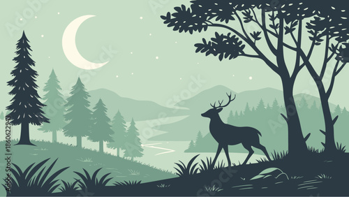 Peaceful deer standing under moonlit trees in serene forest landscape