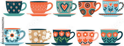 Set of vintage decorative teacups with floral patterns and folk art designs for kitchen decor and cafe branding elements
