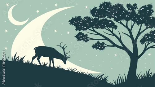Deer grazing under starry night sky with crescent moon