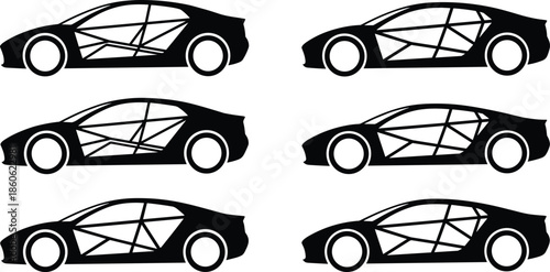 Car silhouette comparison with internal truss structures, black and white engineering illustration for vehicle frame optimization and design analysis