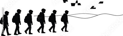 Boy walking with backpack silhouette, pixel dissolve digital effect clipart SVG PNG, school student education graphic printable art