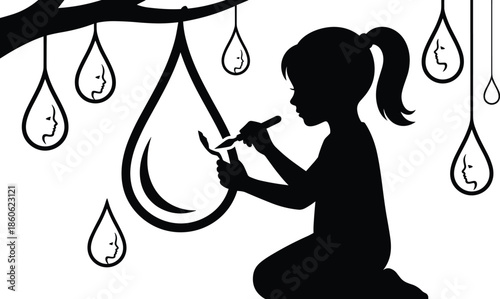 Child silhouette painting water droplet with faces, surreal black and white illustration of creativity, emotion, and introspective imagination