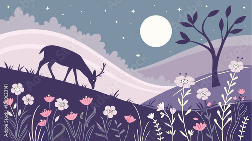 Deer grazing under moonlight in serene purple landscape with flowers