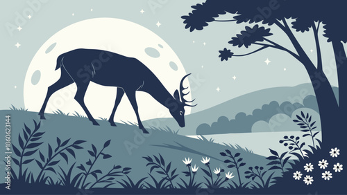 Deer grazing under moonlight in serene natural landscape