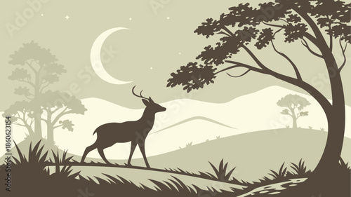 Serene deer walking under crescent moon in peaceful landscape