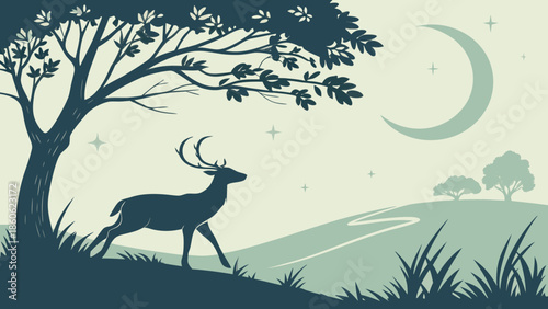 Majestic deer under moonlit sky with serene landscape