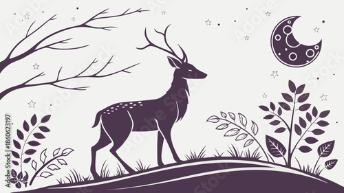 Majestic deer under starry night sky with crescent moon