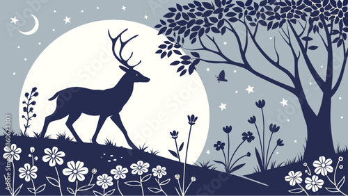 Deer walking under moonlight with flowers and tree silhouette