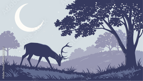 Deer grazing under crescent moon in serene forest landscape