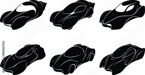 Futuristic concept car silhouettes, sleek aerodynamic designs in black and white, innovative vehicle aesthetics for automotive design inspiration