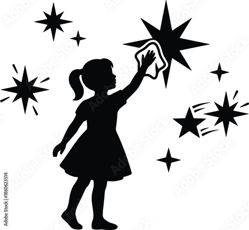 Girl silhouette cleaning star in sky, black and white whimsical illustration of aspiration, dreams, and cosmic imagination
