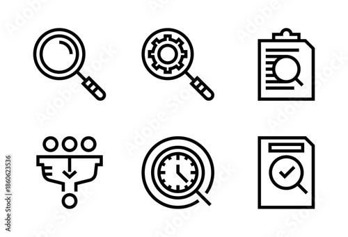 Pack de iconos de búsqueda. Lupa simple, búsqueda con configuración, exploración en listas, análisis documental, embudo y búsqueda por tiempo. Diseño vectorial lineal
