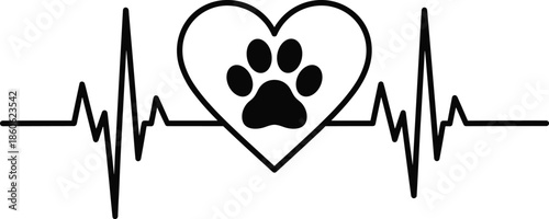 Pet heart beat line icon illustration, dog paw inside heart shape, black white vector, veterinary care animal love symbol