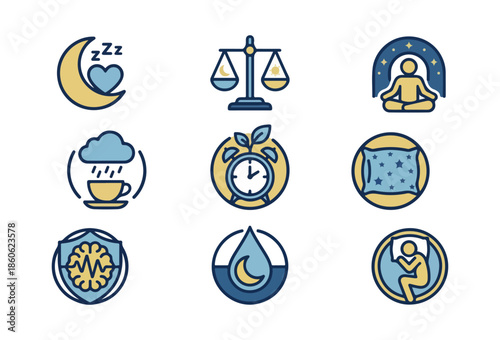 Sleep and wellness icon set moon balance meditation health concepts