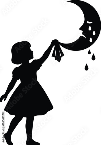 Girl silhouette wiping tears from crescent moon, emotional surreal scene, empathy, celestial sadness, symbolic care, imaginative illustration