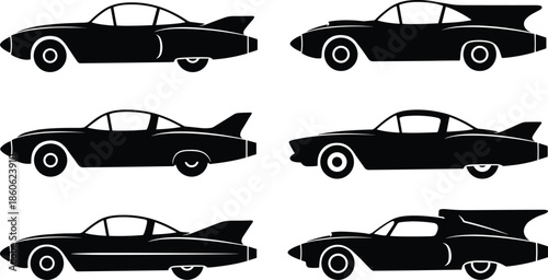 Retro-futuristic car silhouettes with tailfins and bubble canopies, black and white concept illustration inspired by comic and sci-fi design