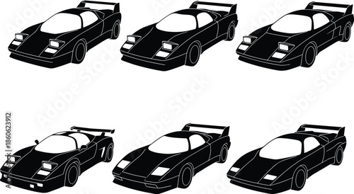 Set of retro racing sports car silhouettes, black vector performance vehicle icons, fast classic race car illustrations for automotive design collection