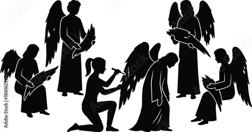 Silhouette angels receiving new wings from kneeling person, symbolic spiritual transformation, helping others heal, celestial support and divine restoration illustration