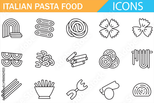 Italian Pasta Food Symbols Collection in Flat Line Style