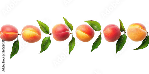 A arrangement of fresh apricots with green leaves on a clean white background. their natural colors and textures. ideal for culinary or health-related content