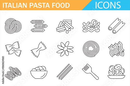 Italian Cuisine Pasta Icons Collection in Minimal Outline Style