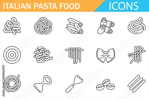 Italian Pasta Icons Set with Spaghetti and Penne in Line Style