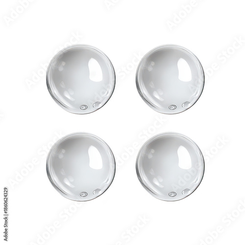A clean and minimalistic arrangement of four transparent glass spheres on a white background. their reflections and subtle details. ideal for product display or abstract art concepts