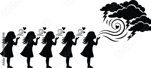 Silhouette girl blowing hearts toward storm clouds, transforming wind and lightning, symbolizing love overcoming negativity, emotional healing and hope illustration