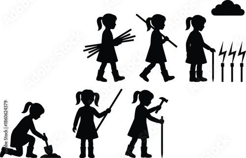 Silhouette girl building lightning rod protection, hammering metal stakes and preparing tools, depicting preparation, safety, innovation, childhood creativity illustration