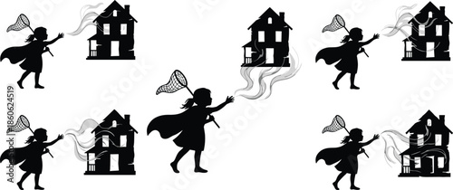Silhouette girl capturing smoke from haunted house with net, spooky mysterious ghost vapor concept, surreal fantasy childhood illustration set