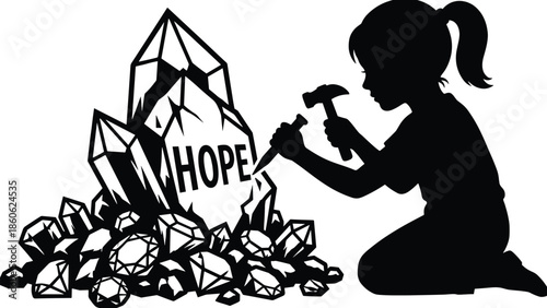 Silhouette girl carving hope from crystal stones, inspirational motivation concept, child creating positivity, emotional symbolic black and white illustration