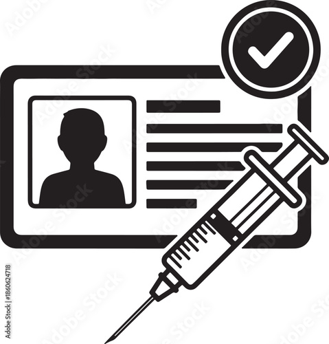 Black and white of a vaccination record card with a syringe and checkmark also transparent background