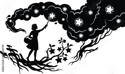 Silhouette girl collecting stars with magic wand under night cloud sky, whimsical fantasy illustration of imagination, celestial dream vector artwork