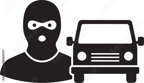 Black of a person wearing a balaclava next to a car also transparent background mask criminal thief