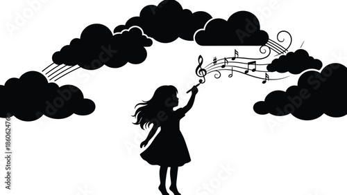 Silhouette girl conducting clouds with music, magical notes flowing across sky, whimsical imaginative childhood scene of creativity and fantasy