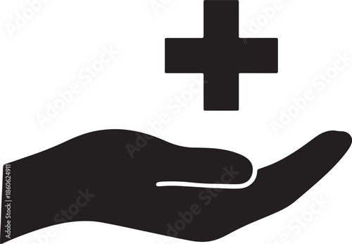 Black silhouette of an open hand holding a red cross symbol against a white background also transparent background
