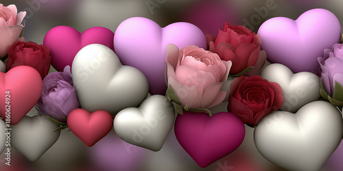 Colorful hearts and roses in various shades on a blurred background  