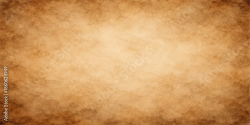 A worn vintage parchment sheet features a stained brown grunge texture and aged beige pattern to create a blank antique paper background for retro design
