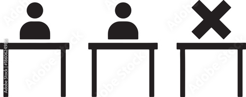 Three simple black of people sitting at tables with one table showing a cross symbol also transparent background