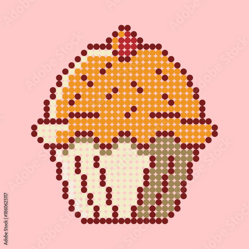 A sweet cupcake illustration designed in a fuse bead art style using a dotted grid pattern. Featuring orange frosting and a cherry on top, this mosaic-like graphic is perfect for craft project