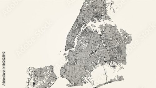 City street map of New York, USA, in black and light beige. High resolution full frame minimalist poster style road map or urban street plan of New York. Vintage look.