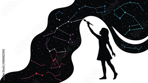 Silhouette girl painting star constellations in night sky, magical cosmic illustration of creativity and imagination, dreamy celestial vector artwork