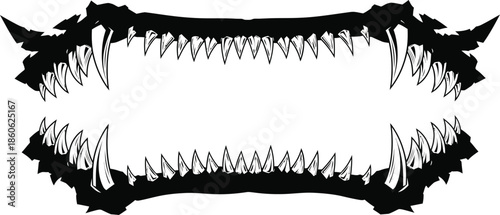 A black and white illustration of a monster's mouth with sharp teeth